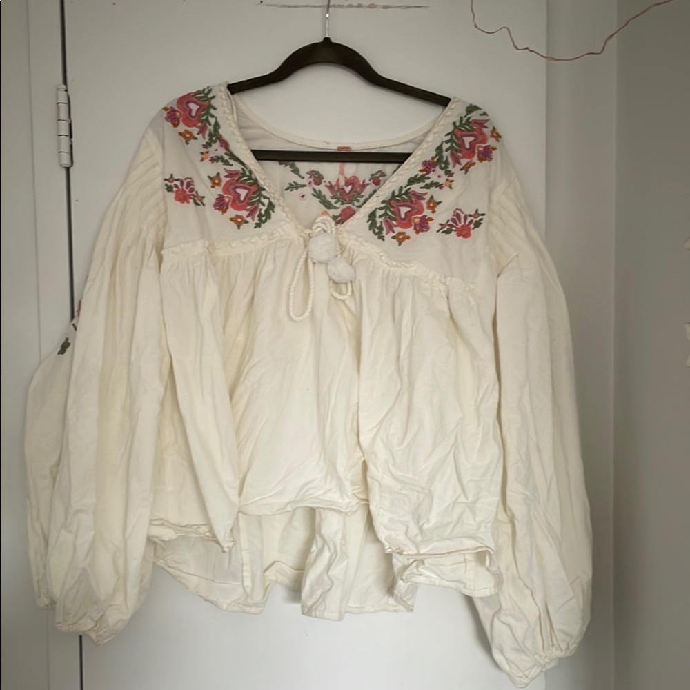 COPY - Free People Cream Embroidered Blouse with Puff Sleeves